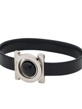 Ferragamo Black Leather Gancini Bracelet with Onyx Accent
